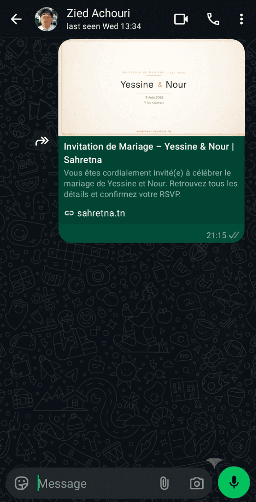 Aperçu du lien d'invitation Sahretna sur WhatsApp